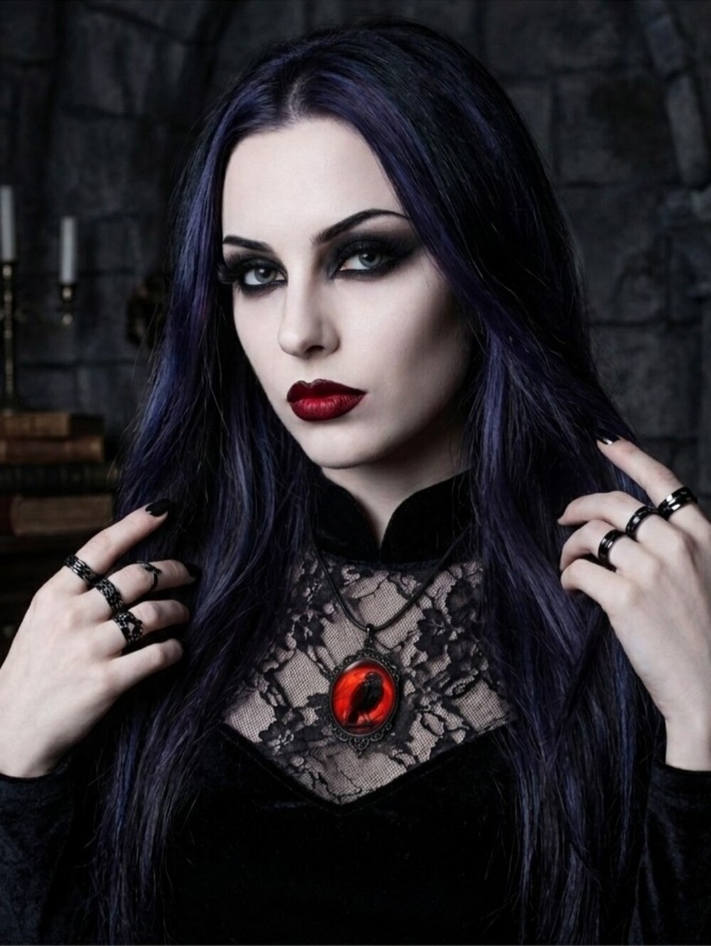 Gothic Crow Red Moon Cameo‎ Style Black Necklace Pendent